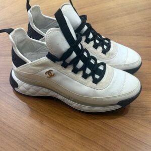 CHANEL White and Black Athletic Shoes